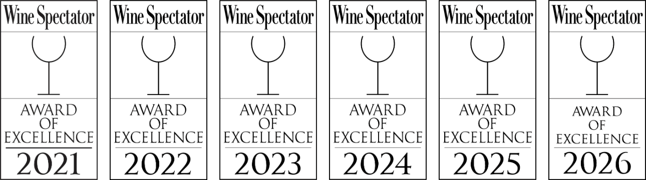 Wine Spectator Award of Excellence 2021, 2022, 2023, 2024, 2025 en 2026